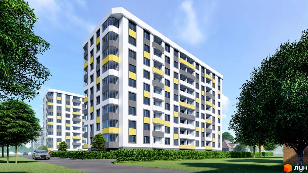 Зображення багатоповерхового будинку в Житловому комплексі Банківський 2 з великими вікнами та балконами. Навколо зелена територія та доглянуті газони.