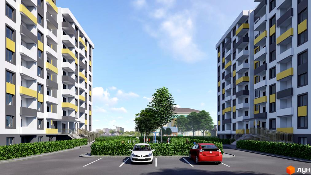 Зображення Житлового комплексу Банківський 2 з фасадом та прибудинковою територією. На передньому плані парковка з автомобілями.