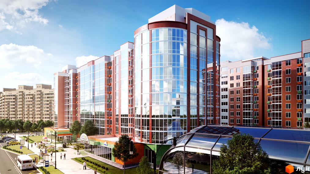 Зображення фасаду та прибудинкової території Житлового комплексу Райдужний. На передньому плані пішохідна алея та зелені насадження.