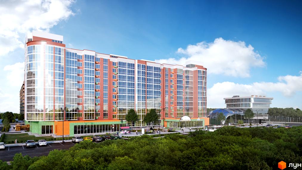 Зображення фасаду та прибудинкової території Житлового району Райдужний. Багатоповерховий будинок з великими вікнами.