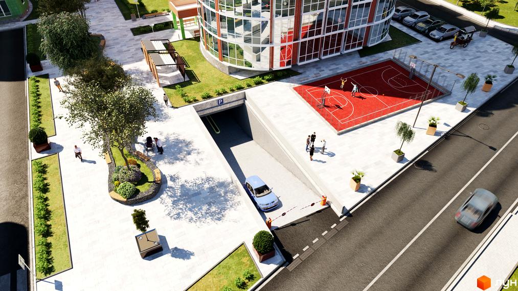 Житловий комплекс Райдужний: багатоповерхова будівля з панорамним склінням, баскетбольним майданчиком та підземним паркінгом.