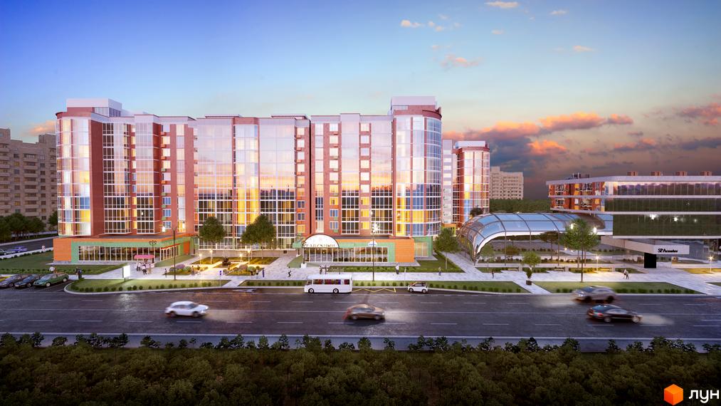 Зображення фасаду та прибудинкової території Житлового комплексу Райдужний. Вигляд дороги з автомобілями та зеленої зони.