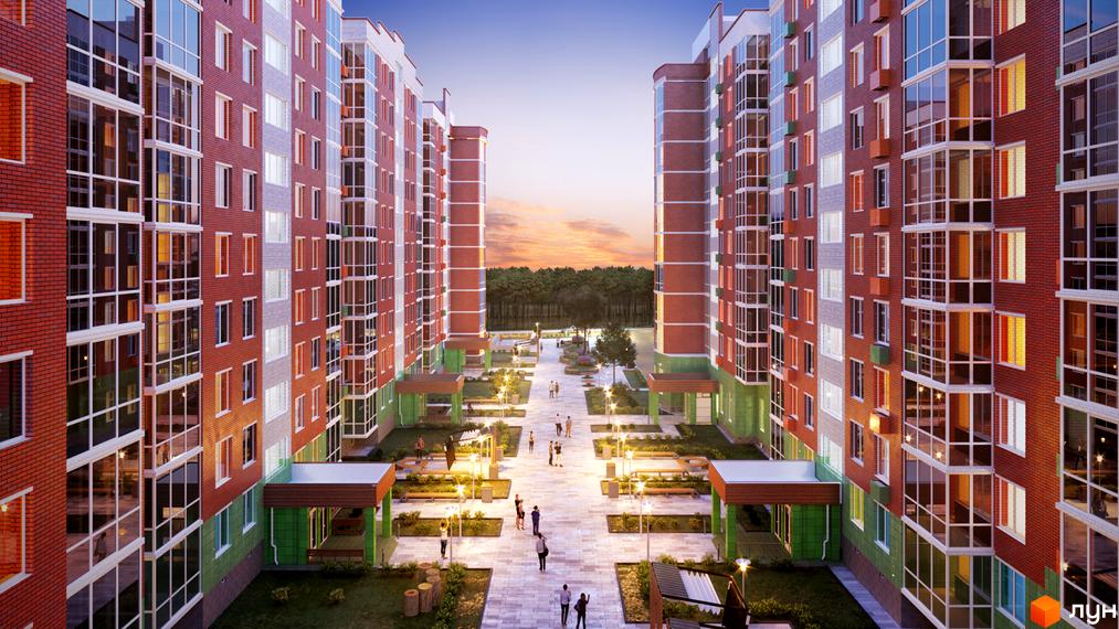 Житловий комплекс Райдужний: фасади цегляних будинків з великими вікнами та балконами, упорядкована прибудинкова територія з алеями та зонами відпочинку.