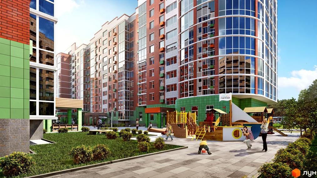 Житловий комплекс Райдужний: фасади будівель з цегли та скла, дитячий майданчик з гірками та пісочницями.