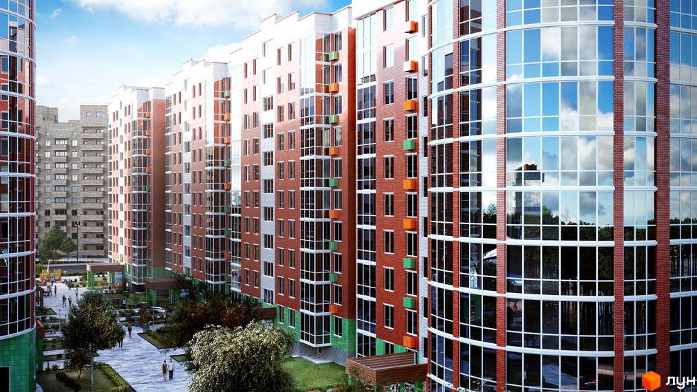 Житловий комплекс Райдужний: фасади будинків з червоної цегли та склінням, зелені зони та пішохідні доріжки. Зовнішній вигляд новобудови та прибудинкової території.
