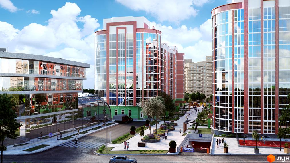 Житловий комплекс Райдужний - це сучасна новобудова з панорамним склінням та цегляним фасадом, що розташована біля доглянутої прибудинкової території з дитячими майданчиками та зонами відпочинку.