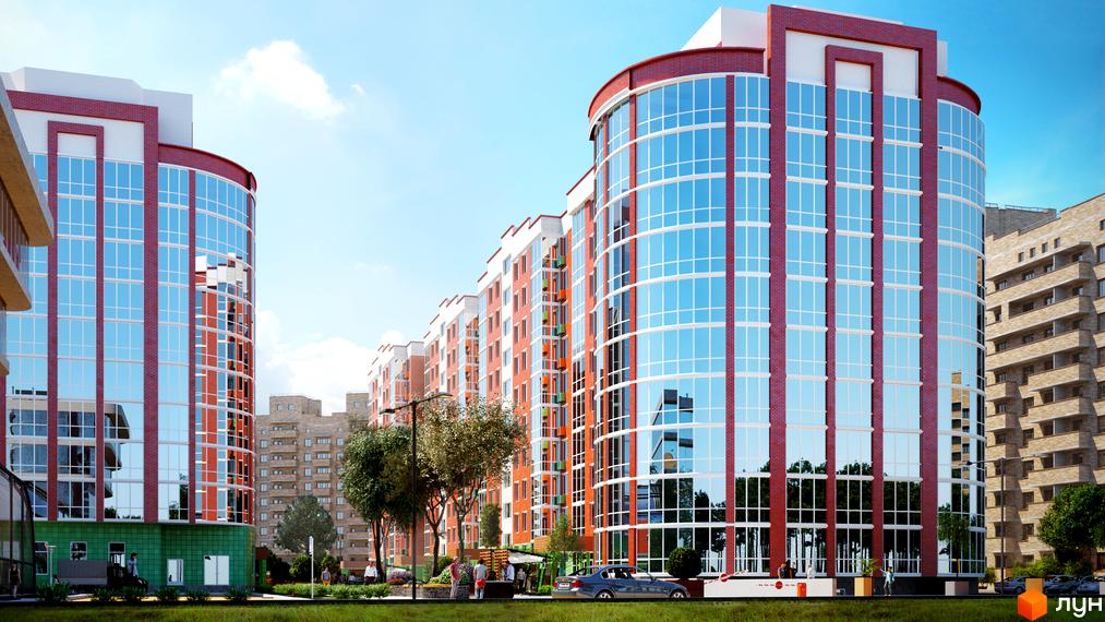 Зображення фасаду та прибудинкової території Житлового району Райдужний. Вигляд новобудови з великими вікнами та червоною цеглою.