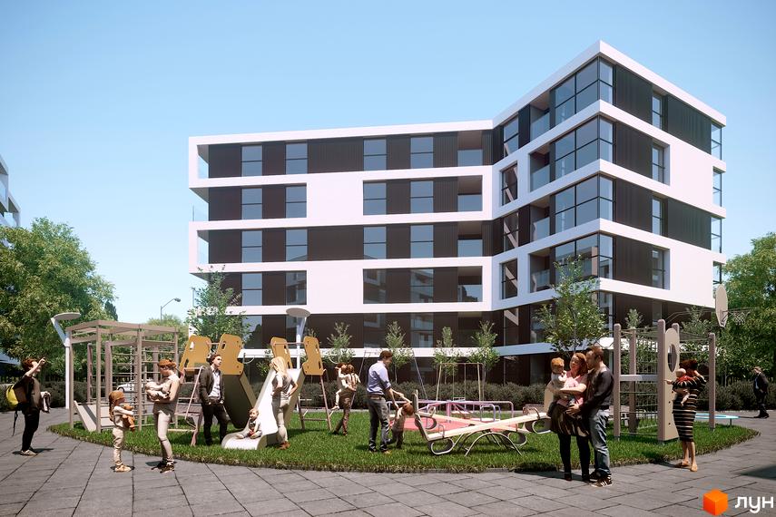 Житловий комплекс Grand Village з білою фасадною частиною та великими вікнами. На прибудинковій території дитячий майданчик та зелена зона.