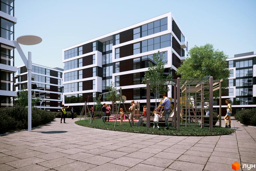 Житловий комплекс Grand Village з сучасною архітектурою та дитячим майданчиком. Зовнішній вигляд будівель та прибудинкова територія.