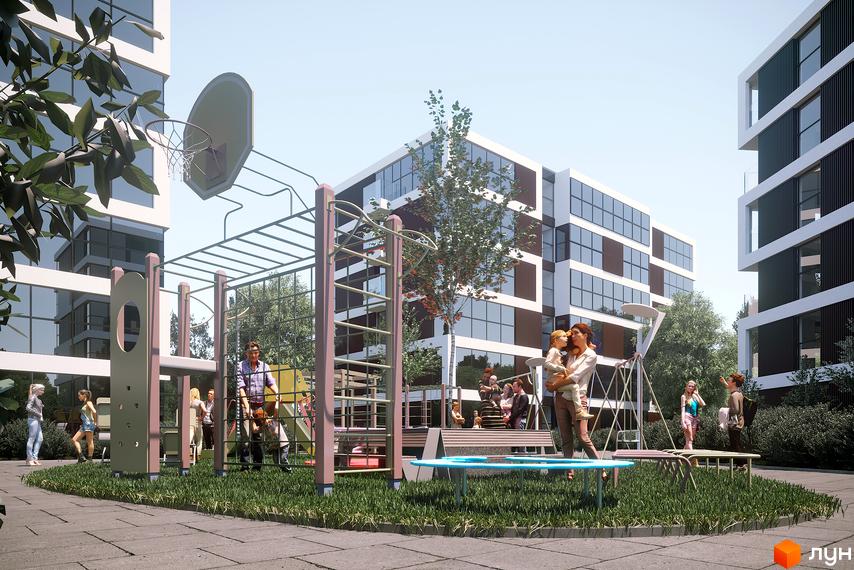 Житловий комплекс Grand Village. Сучасні будинки з панорамними вікнами та дитячий майданчик з зонами відпочинку.