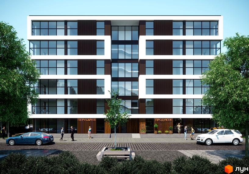 Сучасна новобудова ЖК Grand Village з панорамними вікнами та вишуканим фасадом. Перед будинком облаштована прибудинкова територія з деревами та місцями для відпочинку.