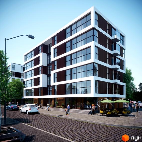 Житловий комплекс Grand Village. Сучасна архітектура з білими та коричневими фасадами, великими вікнами та балконами. Навколо будівель облаштована прибудинкова територія з деревами, місцями для відпочинку та парковкою.