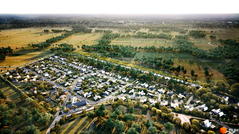 Котеджне містечко Mulberry Homes: вид згори на акуратні будинки з сірими дахами та прибудинкову територію з зеленими насадженнями. Огляньте планування та інфраструктуру комплексу.