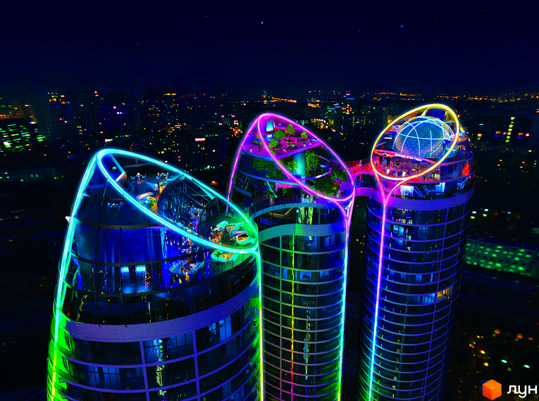 Taryan Towers - житловий комплекс з футуристичною архітектурою та неоновим підсвічуванням. Три вежі з оглядовими майданчиками та зеленими зонами на вершинах.