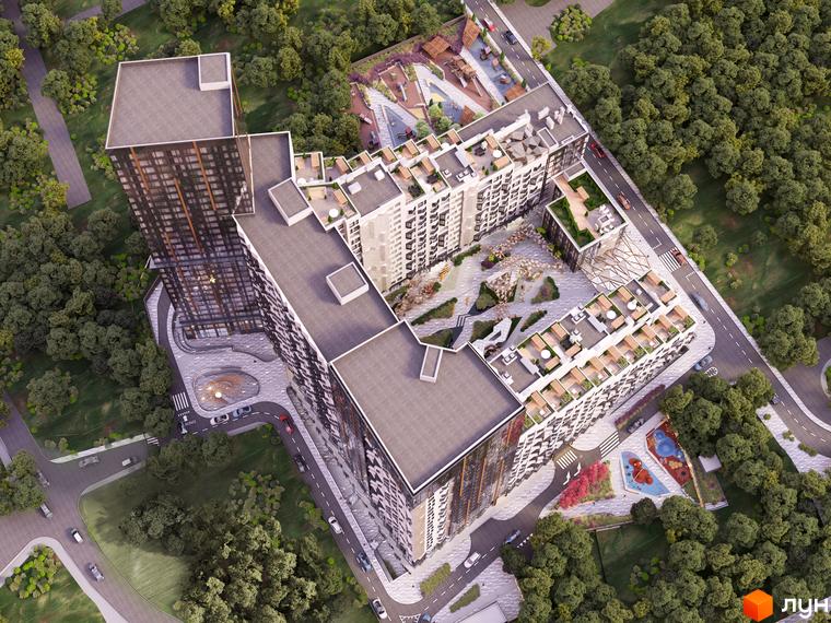 Зображення Житлового комплексу Fjord з висоти пташиного польоту. Видно багатоповерхівку та внутрішній двір з дитячим майданчиком і зеленими насадженнями.