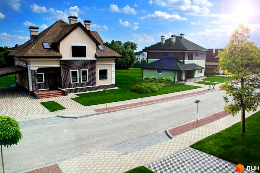 Котеджне містечко Green Town: двоповерхові будинки з коричневими дахами та світлими фасадами. Прибудинкова територія з доглянутими газонами та бруківкою.