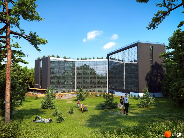 Зображення житлового комплексу Le Méandre. Багатоповерховий будинок з великими вікнами та доглянутою прибудинковою територією з газоном, деревами та дитячим майданчиком.