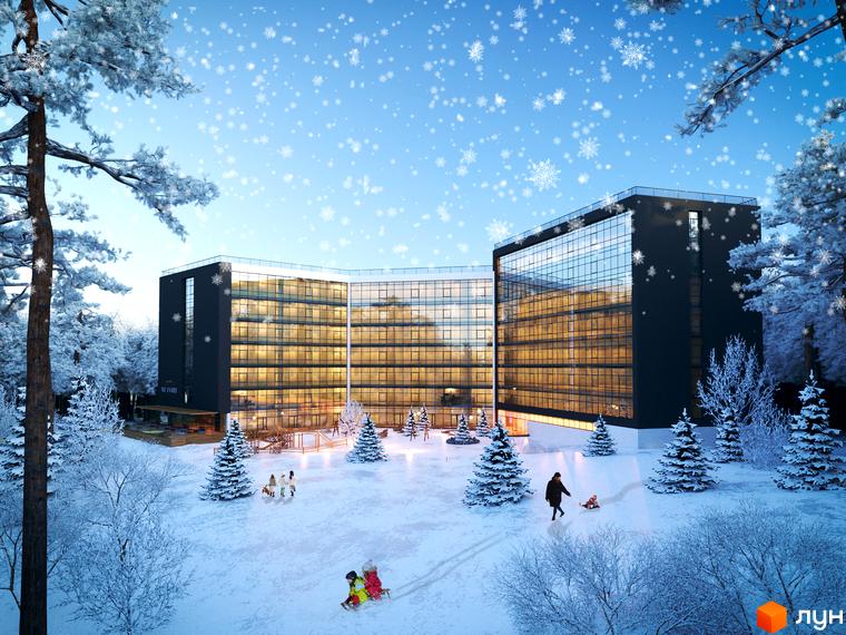 Зимова ілюстрація Апарт-комплексу Le Méandre. Багатоповерховий будинок з панорамним склінням на тлі засніженої території з ялинками та людьми.