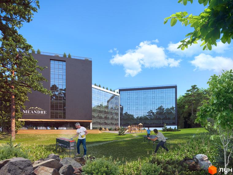 Апарт-комплекс Le Méandre з темним фасадом та скляними вікнами, на прибудинковій території зелений газон, дитячий майданчик та зона для барбекю.