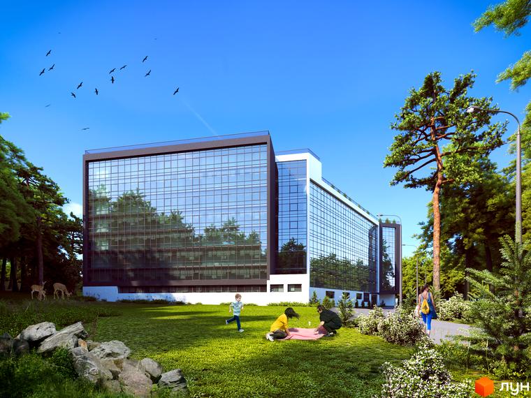 Апарт-комплекс Le Méandre з панорамним склінням та зеленою прибудинковою територією, де відпочивають люди та гуляють олені.