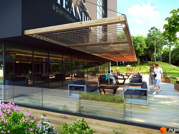 Зовнішній вигляд апарт-комплексу Le Méandre з терасою та зоною відпочинку. На території комплексу зелені насадження та місця для прогулянок.