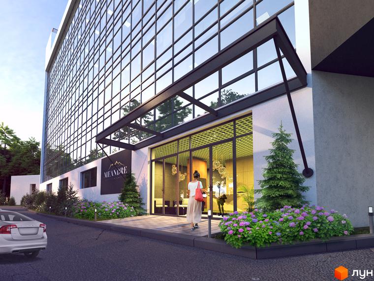 Фасад будівлі апарт-комплексу Le Méandre з панорамним склінням. На прибудинковій території висаджені квіти та дерева, є місце для паркування авто.