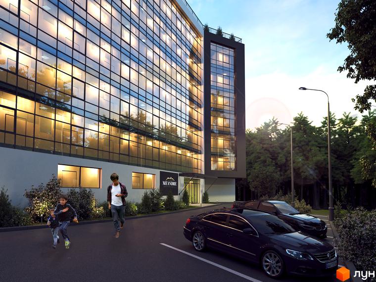 Апарт-комплекс Le Méandre із скляним фасадом та прибудинковою територією з паркуванням та зеленими насадженнями.