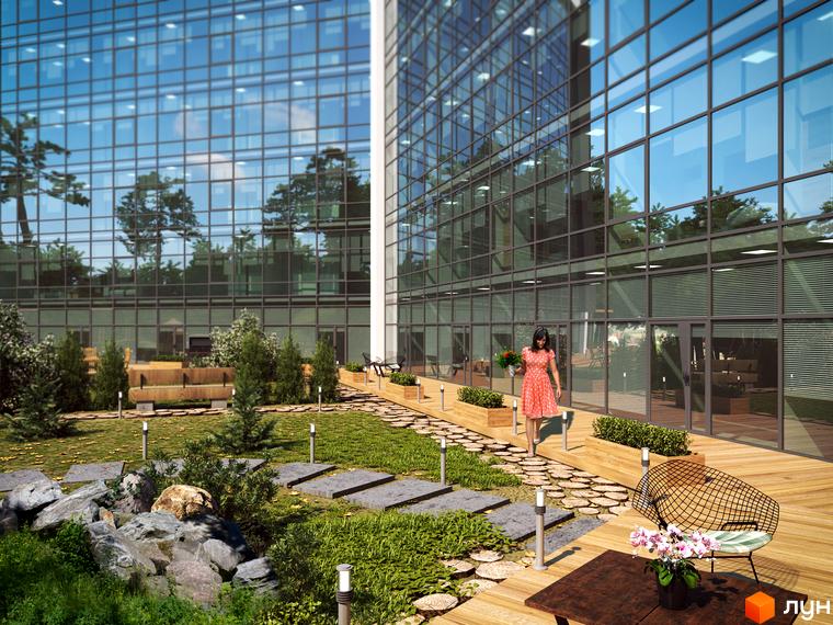 Зображення сторінки апарт-комплексу Le Méandre. Високі будівлі зі скляними фасадами, поруч доглянута прибудинкова територія з газоном, деревами та ландшафтним дизайном.