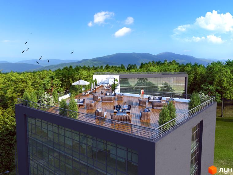 Апарт-комплекс Le Méandre з терасою для відпочинку та зеленими насадженнями на фоні гірського пейзажу. Відкритий простір з меблями та парасольками для комфортного дозвілля.