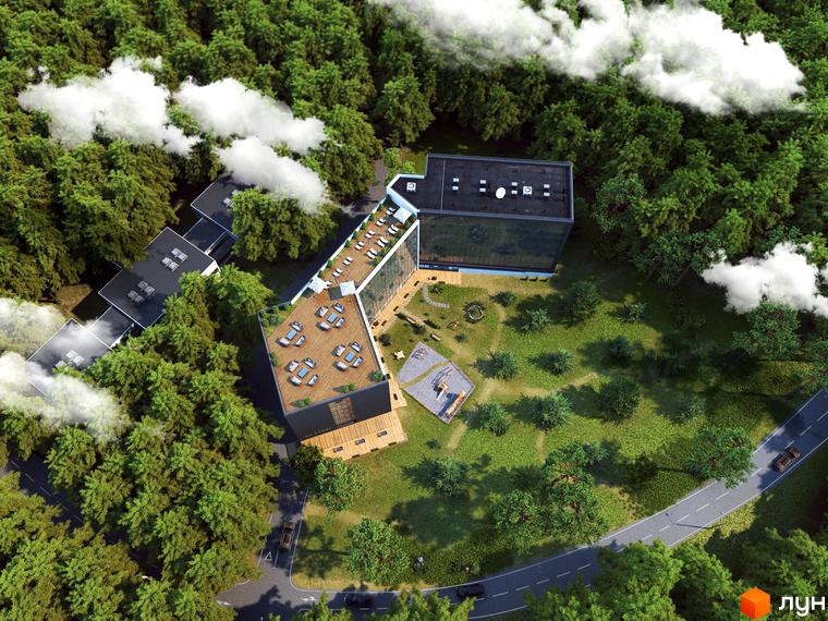 Зображення сторінки житлового комплексу Le Méandre. Комплекс складається з декількох будівель різної висоти, розташованих серед зелених насаджень.