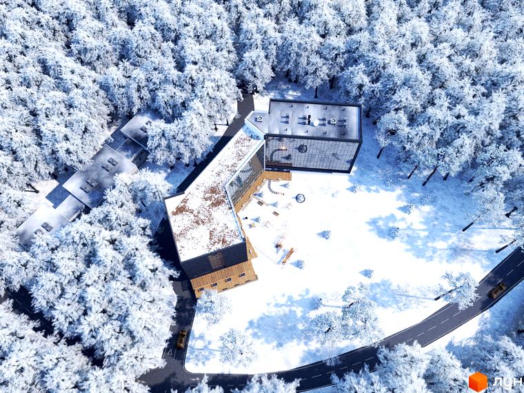 Апарт-комплекс Le Méandre в засніженому лісі, з сучасними будівлями та доглянутою територією.