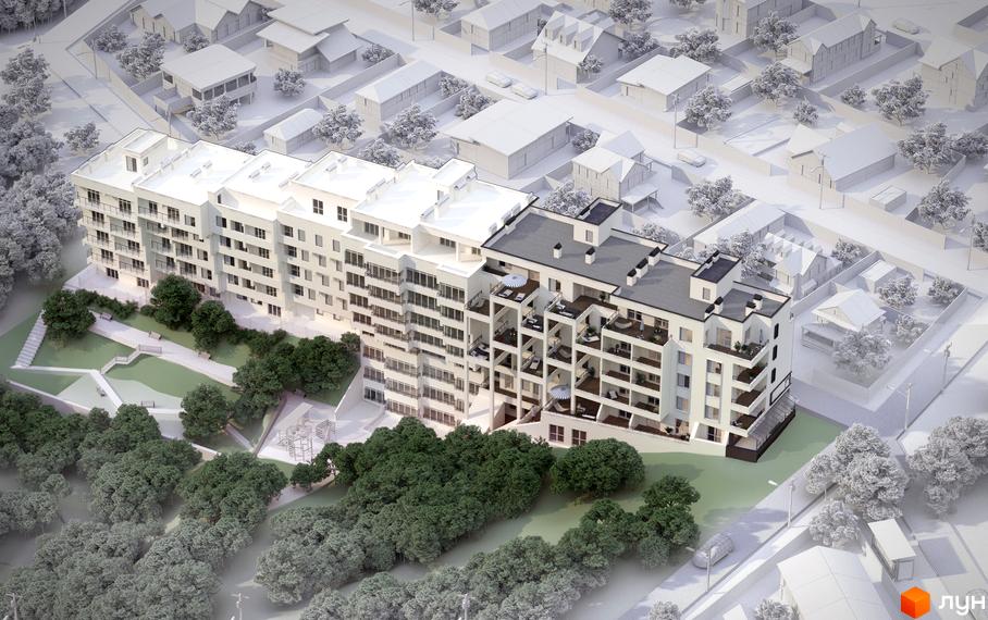 Житловий комплекс Панорама: біла багатоповерхова новобудова з численними балконами. Навколо облаштована прибудинкова територія з парковою зоною та деревами.