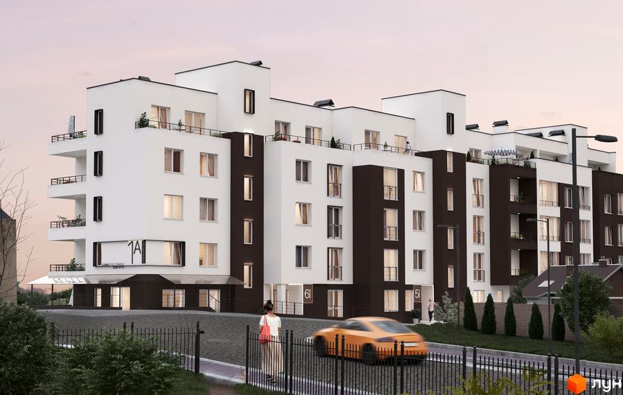 Зовнішній вигляд новобудови ЖК Панорама з білими та коричневими фасадами, балконами та вікнами. Навколо будинку розташована прибудинкова територія з деревами та дорогою.