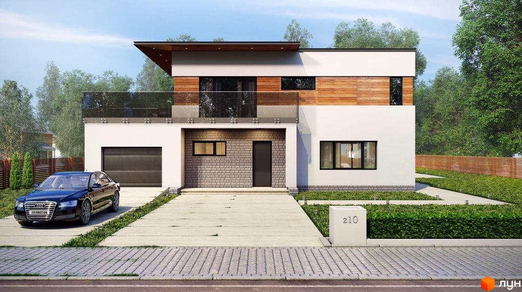 КМ Green Town: двоповерховий будинок з гаражем, балконом зі скляною огорожею та дерев'яними елементами фасаду. Прибудинкова територія з доглянутим газоном, доріжками та парканом.
