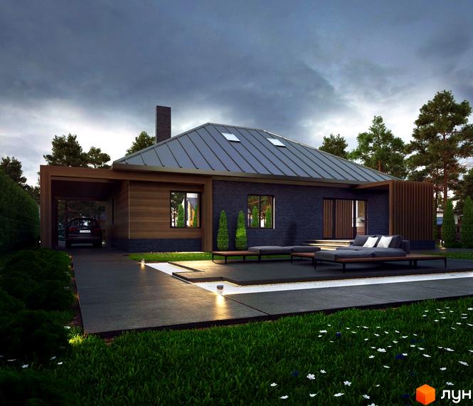 Котеджне містечко КМ Green Town. Одноповерховий будинок з темною цегляною облицюванням та дерев'яними елементами, покрівлею з металочерепиці. Прибудинкова територія з доглянутим газоном, зоною відпочинку з диванами та доріжками.