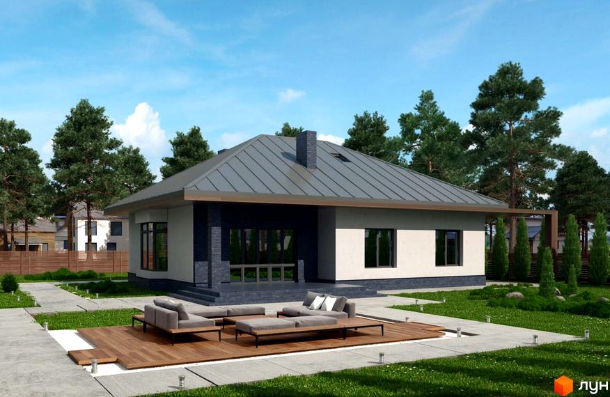 Котеджне містечко КМ Green Town. Одноповерховий будинок з сірим дахом та великими вікнами, розташований на доглянутій ділянці з терасою та зеленню.