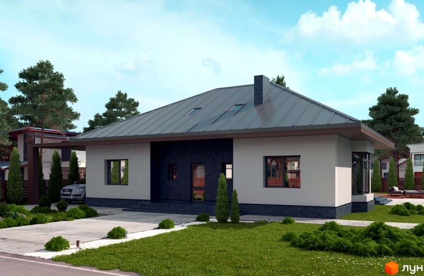 Котеджне містечко КМ Green Town. Одноповерховий будинок з сірим дахом, білими стінами та темною оздобою фасаду. Навколо будинку зелена галявина та доглянутий ландшафт.