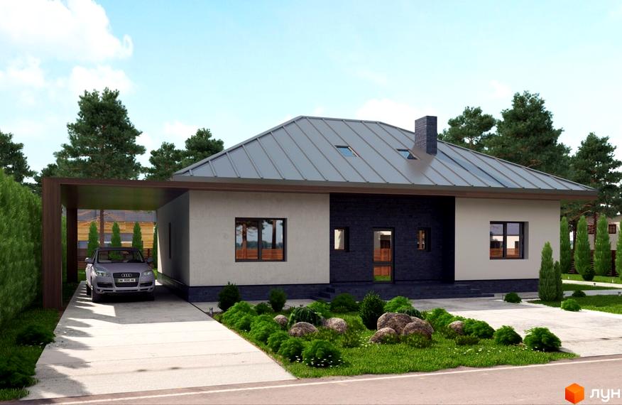 Котеджне містечко КМ Green Town. Одноповерховий будинок з сірим дахом, світлими та темними фасадами, прибудинкова територія з автомобілем під навісом та зеленими насадженнями.