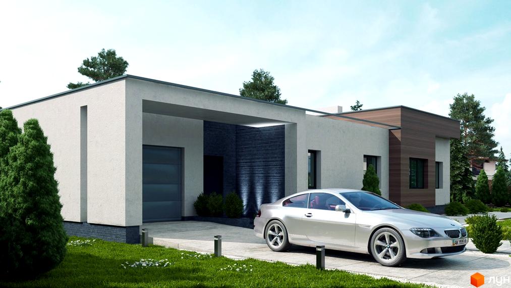 Котеджне містечко КМ Green Town: одноповерховий будинок з гаражем та сучасним фасадом, прибудинкова територія з доглянутим газоном та деревами.