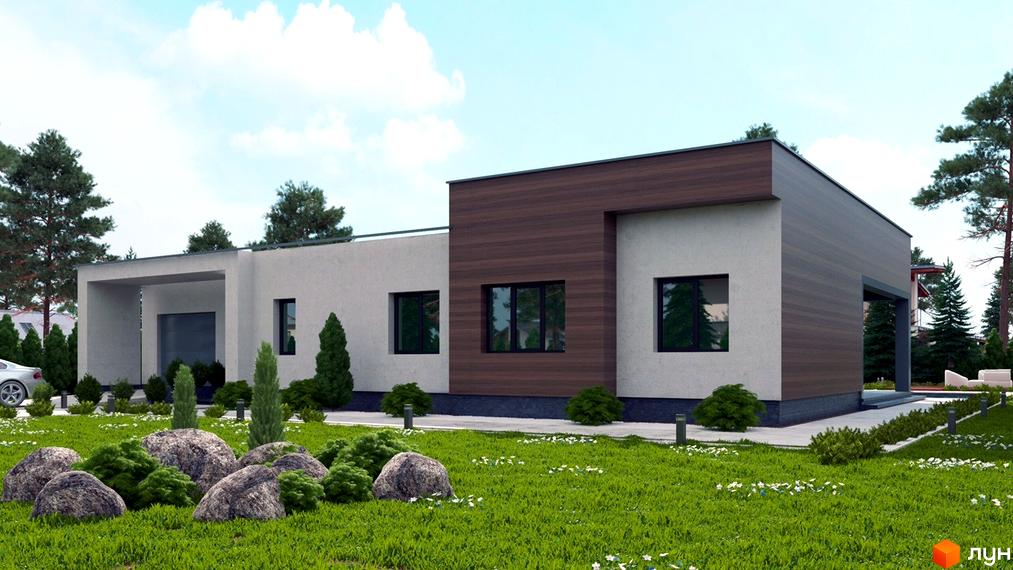 Котеджне містечко КМ Green Town. Одноповерховий будинок з великими вікнами та коричневою обшивкою фасаду. Навколо будинку зелений газон з декоративними кущами та каменями.