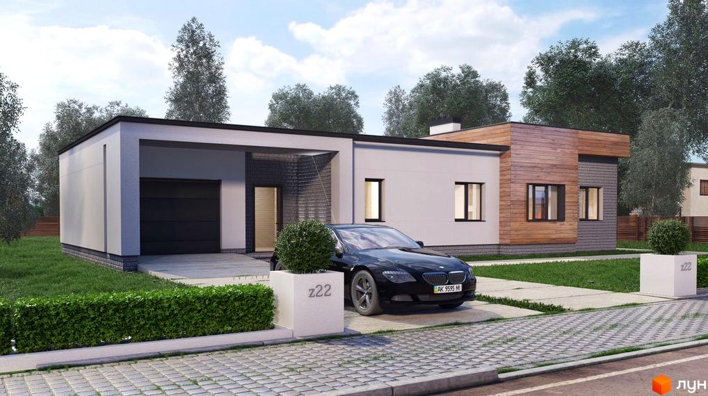 Котеджне містечко КМ Green Town. Сучасний одноповерховий будинок з гаражем та прибудинковою територією з доглянутим газоном та кущами.