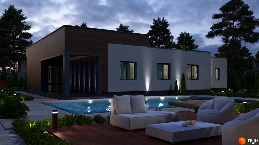 Котеджне містечко КМ Green Town. Будинок з великими вікнами та басейном на прибудинковій території з меблями для відпочинку.