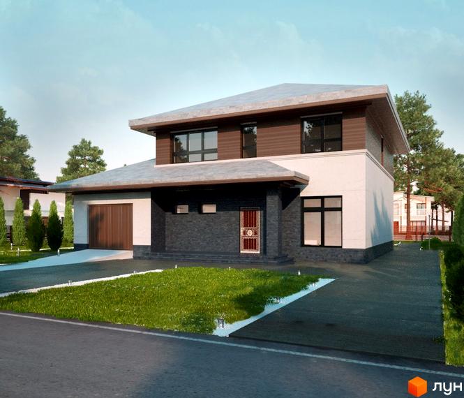 Котеджне містечко КМ Green Town. Двоповерховий будинок з гаражем, темно-сірою та білою обробкою фасаду, коричневими віконними рамами та двосхилим дахом. Навколо будинку доглянута зелена галявина та доріжки.