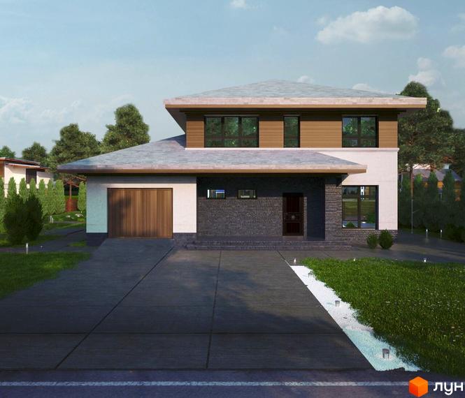 Котеджне містечко КМ Green Town. Фасад будинку з дерев'яними та кам'яними елементами, великими вікнами та двосхилим дахом. Прибудинкова територія з газоном, доріжками та освітленням.