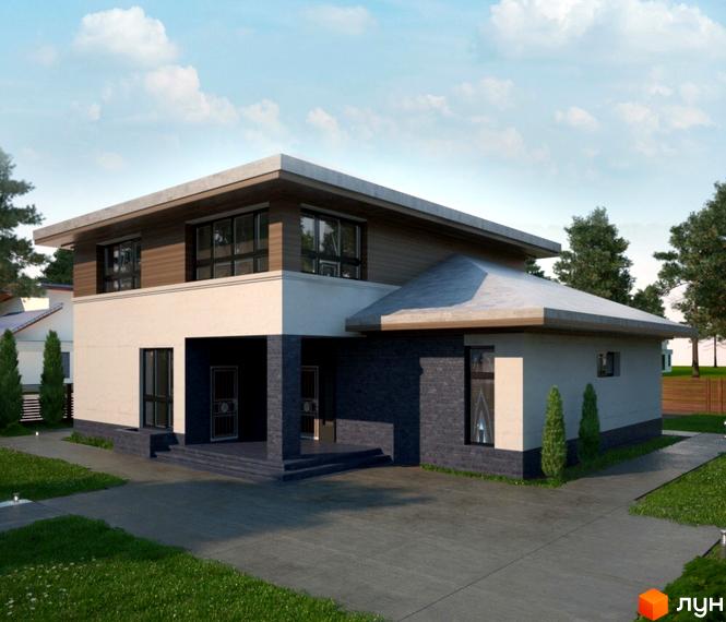 Котеджне містечко КМ Green Town. Двоповерховий будинок з великими вікнами, оздоблений дерев'яними панелями та світлою штукатуркою. Навколо будинку доглянутий газон та дерева.