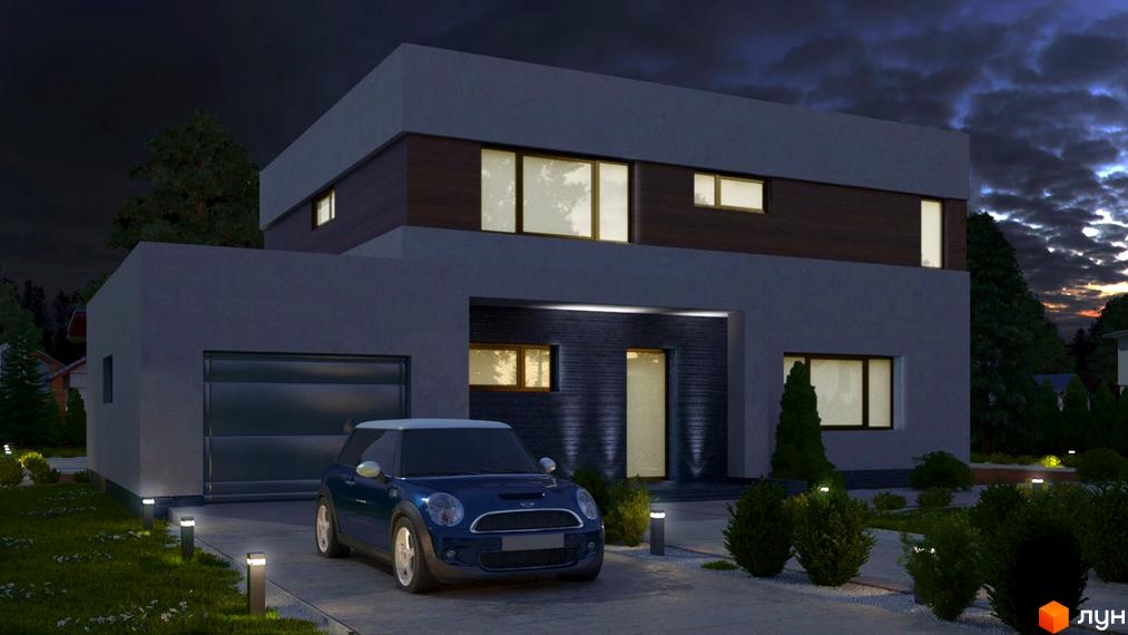 Котеджне містечко КМ Green Town. Сучасний двоповерховий будинок з гаражем та синім міні купером на подвір'ї. Освітлення фасаду та території.