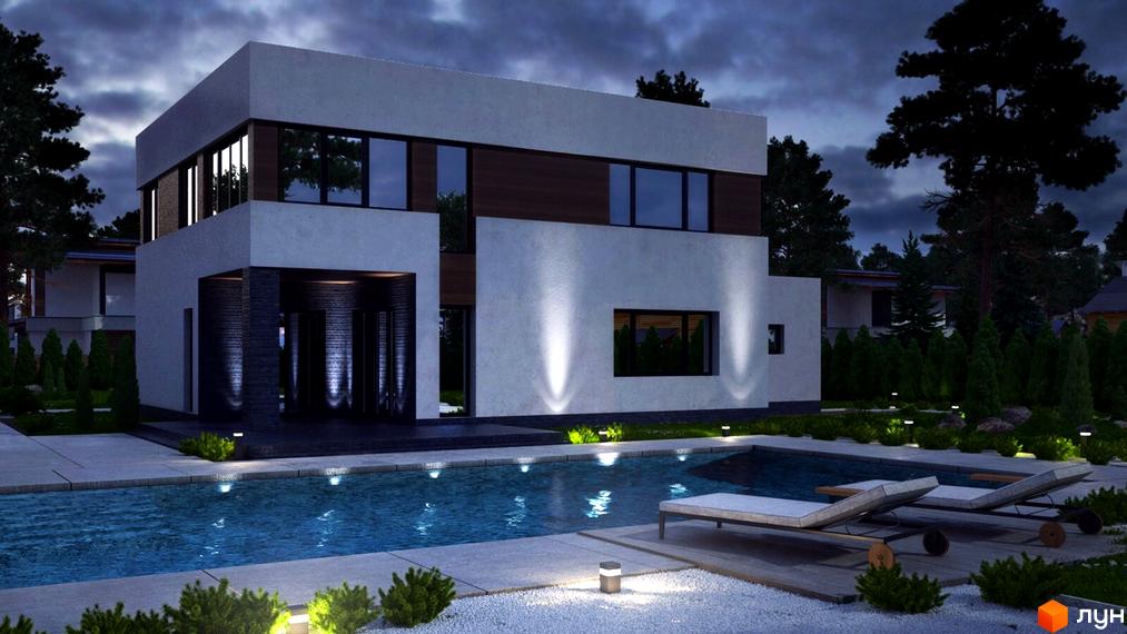 Котеджне містечко Green Town. Сучасний двоповерховий будинок з великими вікнами та басейном з шезлонгами на прибудинковій території.