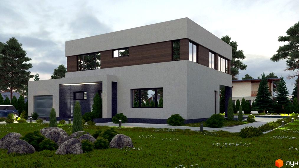 Котеджне містечко КМ Green Town. Сучасний двоповерховий будинок з великими вікнами та дерев'яними елементами. Доглянута прибудинкова територія з газоном, кущами та кам'яними валунами.