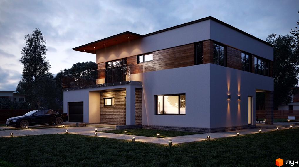 Котеджне містечко КМ Green Town. Двоповерховий будинок з дерев'яними елементами та скляним балконом. Навколо будинку доглянутий газон та підсвітка.