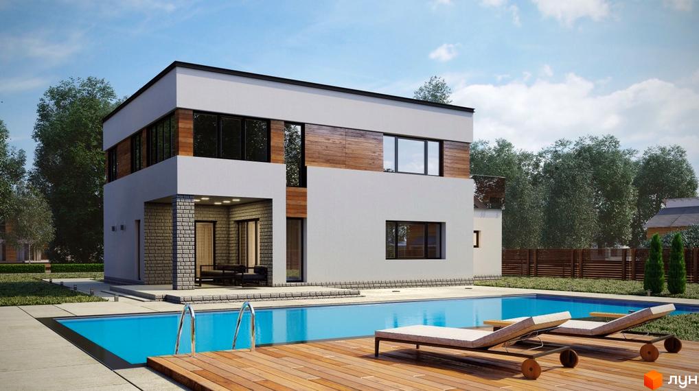 Котеджне містечко КМ Green Town. Двоповерховий будинок з великими вікнами та дерев'яними елементами фасаду, біля будинку басейн та тераса з шезлонгами.